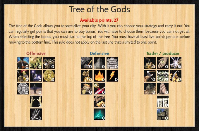 The tree of the Gods allows you to specialize your city
